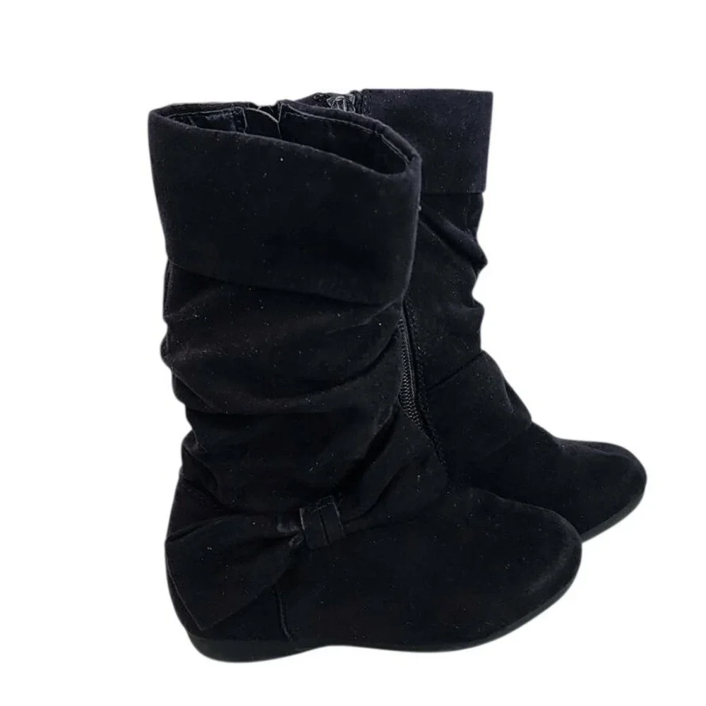 Kids Black Slouch Boots Bow Side Zipper Ankle Flat Heel Size‎ 7M